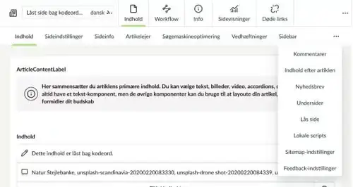 Fanelinjen på en artikel med menuen under de tre prikker åben, hvor Lås side er markeret