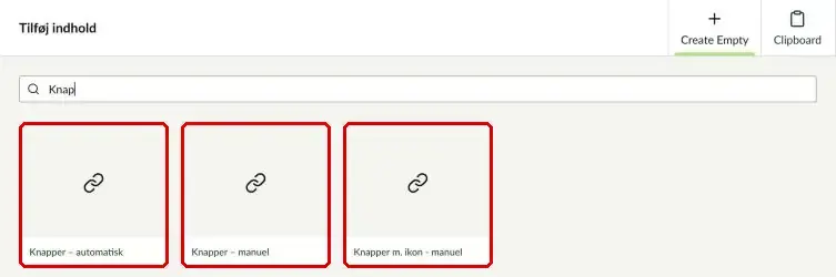 Oversigten over komponenter med de tre knap-komponenter markeret
