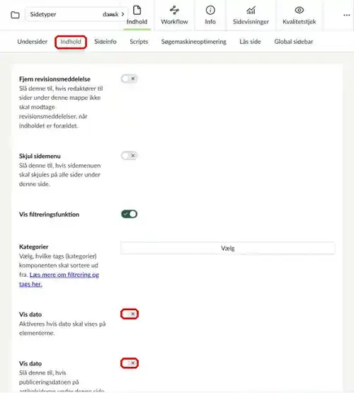 Fanen Indhold på en mappe med de to Vis dato-indstillinger markeret