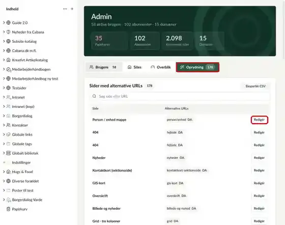 Fanen Oprydning, hvor fanen og knappen Redigér er markeret