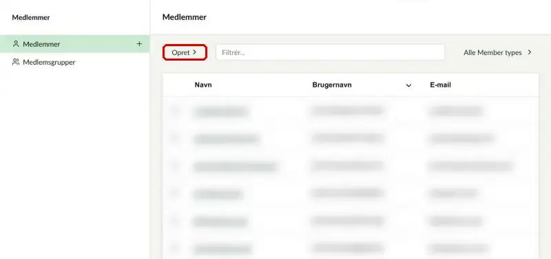 Listen over medlemmer med knappen Opret markeret