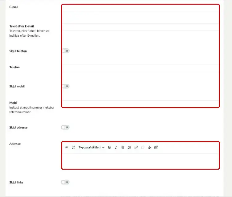 Felterne E-mail, Telefon, Mobil og Adresse markeret