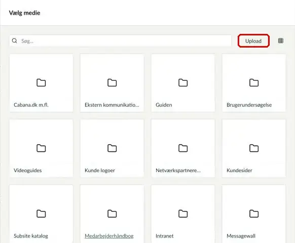 Vinduet Vælg medie, hvor knappen Upload er markeret