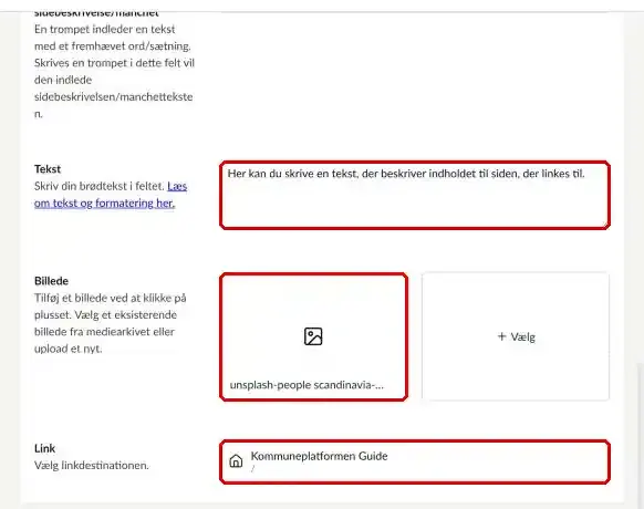 Felterne Tekst, Billede og Link markeret