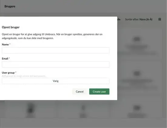 Dialogen Opret bruger med felterne Name, Email og User group samt knapperne Cancel og Create user