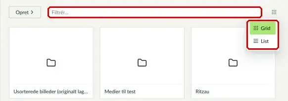 Søgefeltet og knappen til at skifte visning i mediearkivet