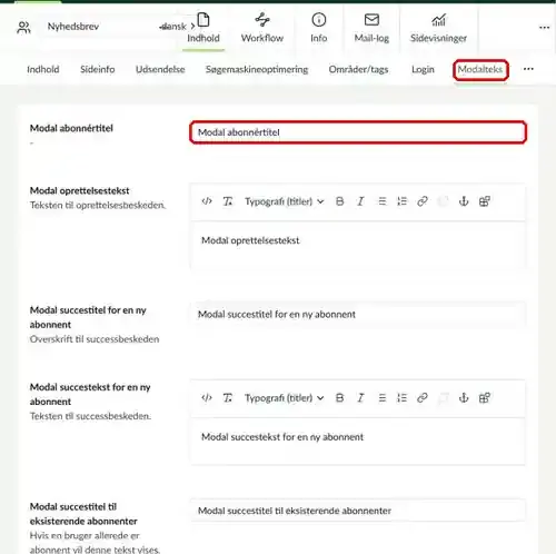 Fanen Modaltekst med feltet Modal abonnértitel markeret