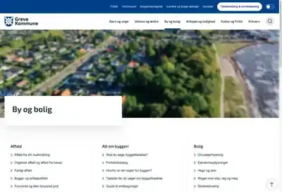 Sektionssiden By og bolig på greve.dk med luftfoto, titel og linklister i tre kolonner