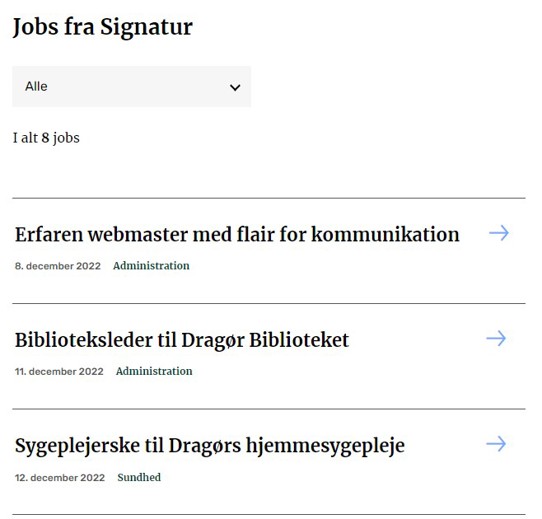 Eksempel på en jobliste med opslag fra Signatur