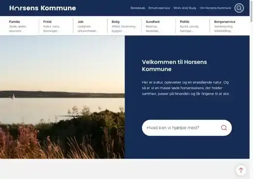 Forsiden på horsens.dk med megamenu, foto og velkomsttekst med søgefelt