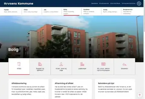 Sektionssiden Bolig på horsens.dk med stort billede, ikonfaner og tekstkort