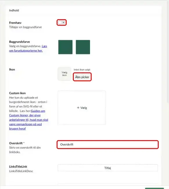 En boks i Infobokse med felterne Fremhæv, Vælg ikon og Overskrift markeret