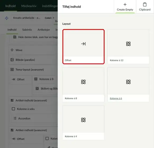 Valg af kolonner i Tema-layout: Offset, Kolonne á 12, á 8, á 6 og á 4