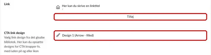 Link og CTA link design i en temakomponent markeret