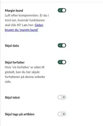 Fanen Indstillinger med Margin bund, Skjul dato, Skjul forfatter, Skjul tekst, Skjul tags på artiklen og Billede i fuld størrelse