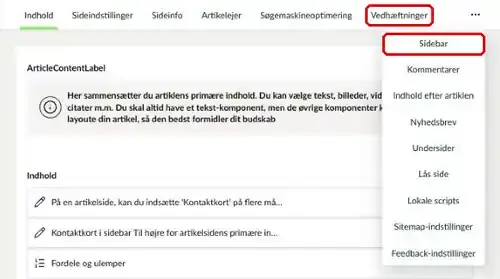 Fanerne Vedhæftninger og Sidebar markeret
