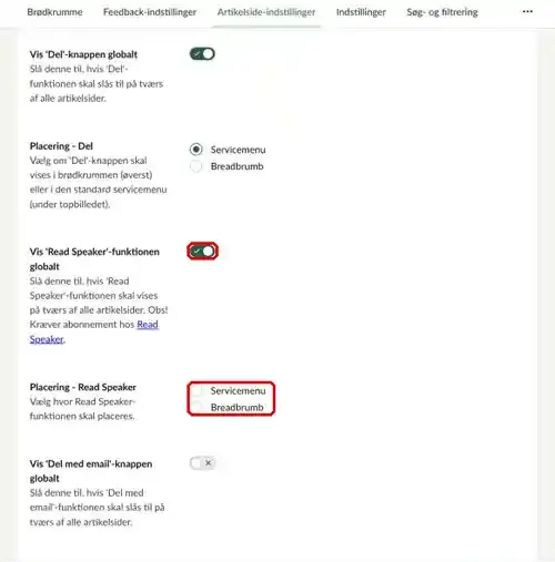 Toggle for Read Speaker og valg af placering markeret