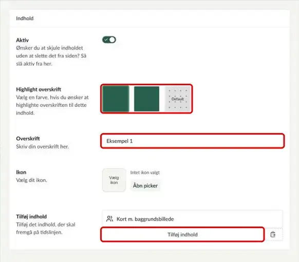 Et punkt på tidslinjen med Highlight overskrift, Overskrift og Tilføj indhold markeret