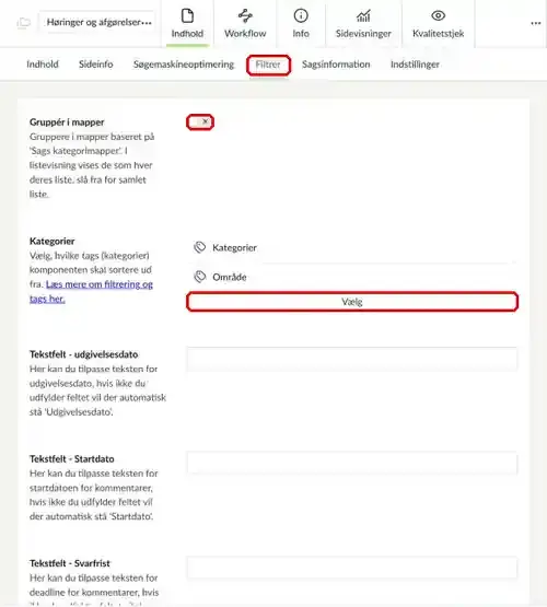 Fanen Filtrer med Gruppér i mapper og Kategorier markeret
