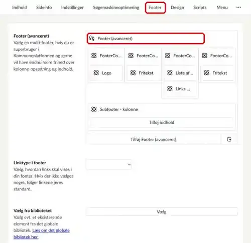 Fanen Footer på forsiden, hvor blokken Footer (avanceret) er markeret