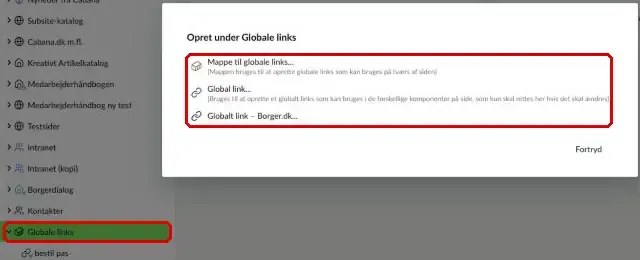 Globale links i træstrukturen og valgene i vinduet Opret markeret
