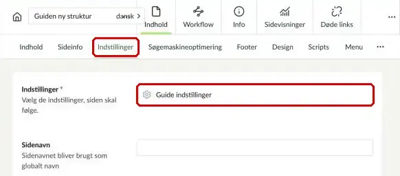 Fanen Indstillinger på forsiden, hvor feltet Indstillinger er markeret