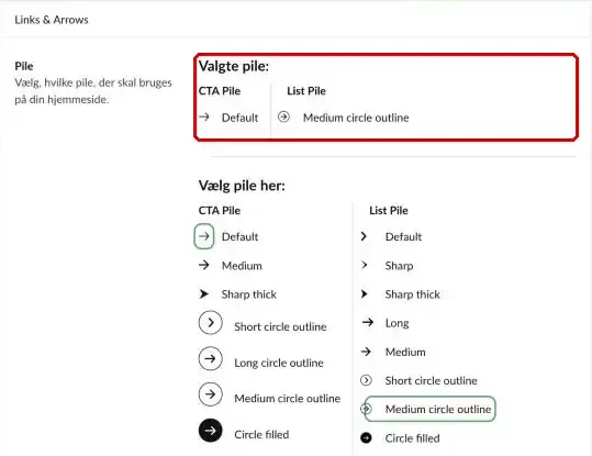 Sektionen Links & Arrows med de valgte pile og listen over CTA-pile og List-pile, hvor Valgte pile er markeret