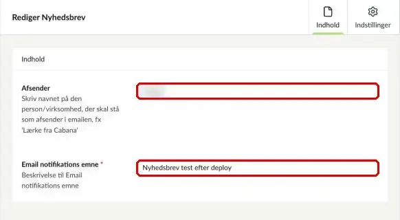 Felterne Afsender og Email notifikations emne markeret