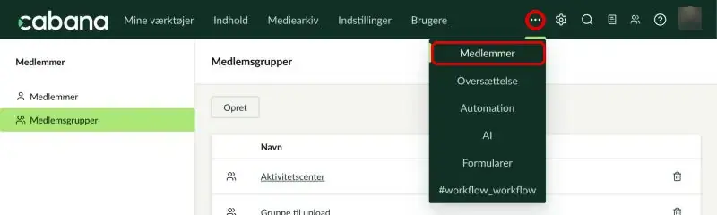 Menuen ved de tre prikker i topmenuen åben med Medlemmer markeret