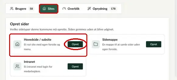 Fanen Sites på Dashboard (Admin), hvor knappen Opret ud for Hovedside / subsite er markeret