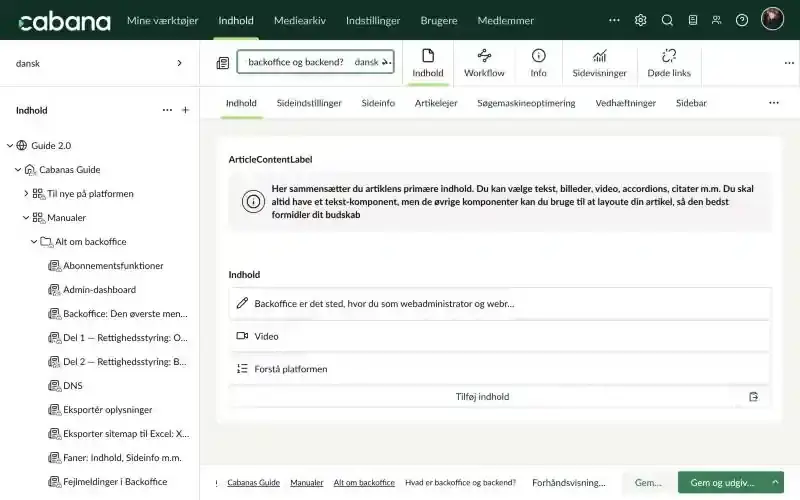 Backoffice med menulinjen øverst, træstrukturen til venstre og den åbne side til højre