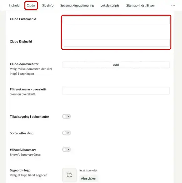 Fanen Cludo på en søgeside med felterne til Cludo Customer id og Cludo Engine id markeret