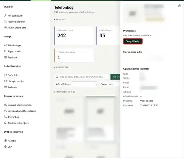 Detaljer om en kontakt, hvor knappen Vælg billede er markeret