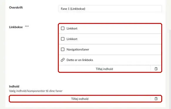 Felterne Linkbokse og Indhold i en fane markeret