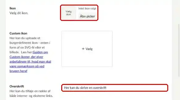 Feltet Ikon og feltet Overskrift markeret