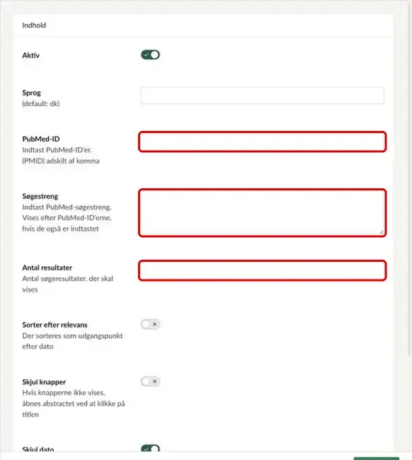 Flere referencer med felterne PubMed-ID, Søgestreng og Antal resultater markeret