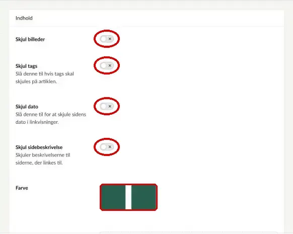Knapperne til at skjule billeder, tags, dato og sidebeskrivelse samt Farve markeret