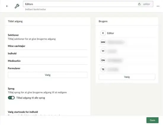 Gruppen Editors med boksen Tildel adgang med Sektioner og til højre boksen Brugere med gruppens medlemmer
