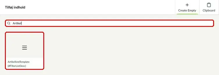 Søgning efter Artikelliste i oversigten over komponenter