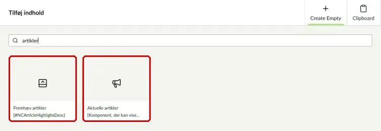 Komponenterne Fremhæv artikler og Aktuelle artikler i oversigten markeret