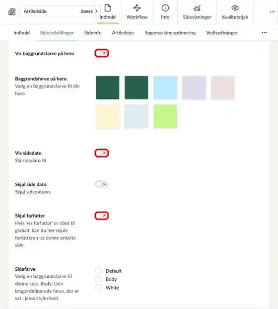 Felterne Vis baggrundsfarve på hero, Vis sidedato og Skjul forfatter markeret