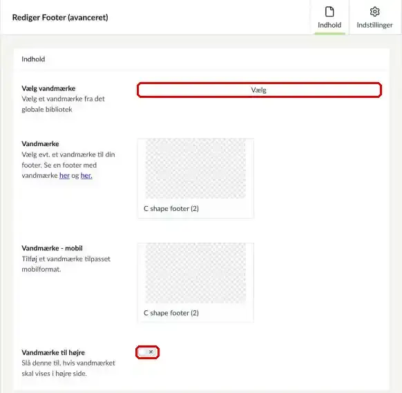 Fanen Indhold for Footer (avanceret), hvor Vælg vandmærke og Vandmærke til højre er markeret