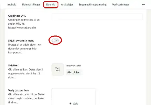 Fanen Sideinfo og knappen Skjul i dynamisk menu markeret