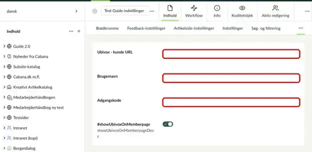 Felterne kunde URL, Brugernavn og Adgangskode på fanen Ubivox markeret