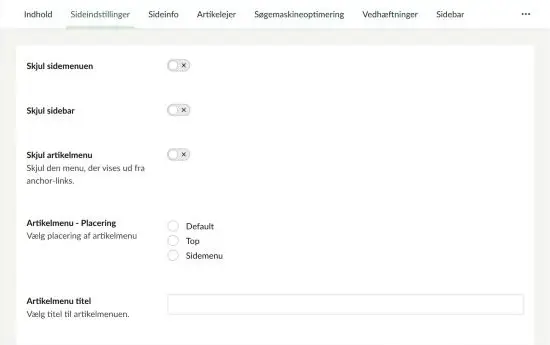 Fanen Sideindstillinger med bl.a. Skjul sidemenuen, Skjul sidebar, Skjul artikelmenu og Artikelmenu – Placering