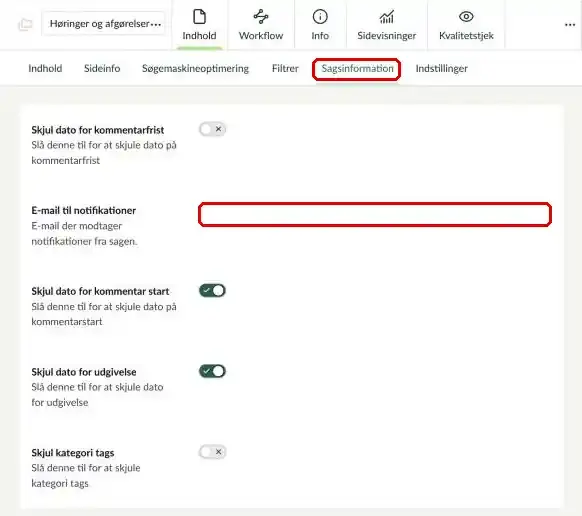 Fanen Sagsinformation på sagsmappen med feltet E-mail til notifikationer markeret