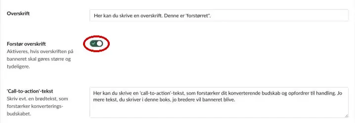 Felterne Overskrift, Forstør overskrift med kontakten markeret og Call-to-action-tekst