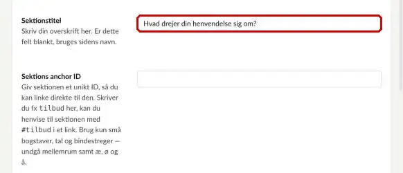 Feltet Sektionstitel med et spørgsmål markeret