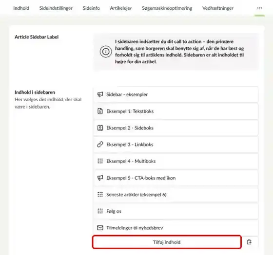Fanen Sidebar med knappen Tilføj indhold markeret