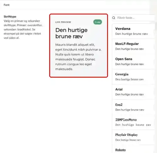 Sektionen Font med live preview af de valgte skrifttyper og listen over fonte